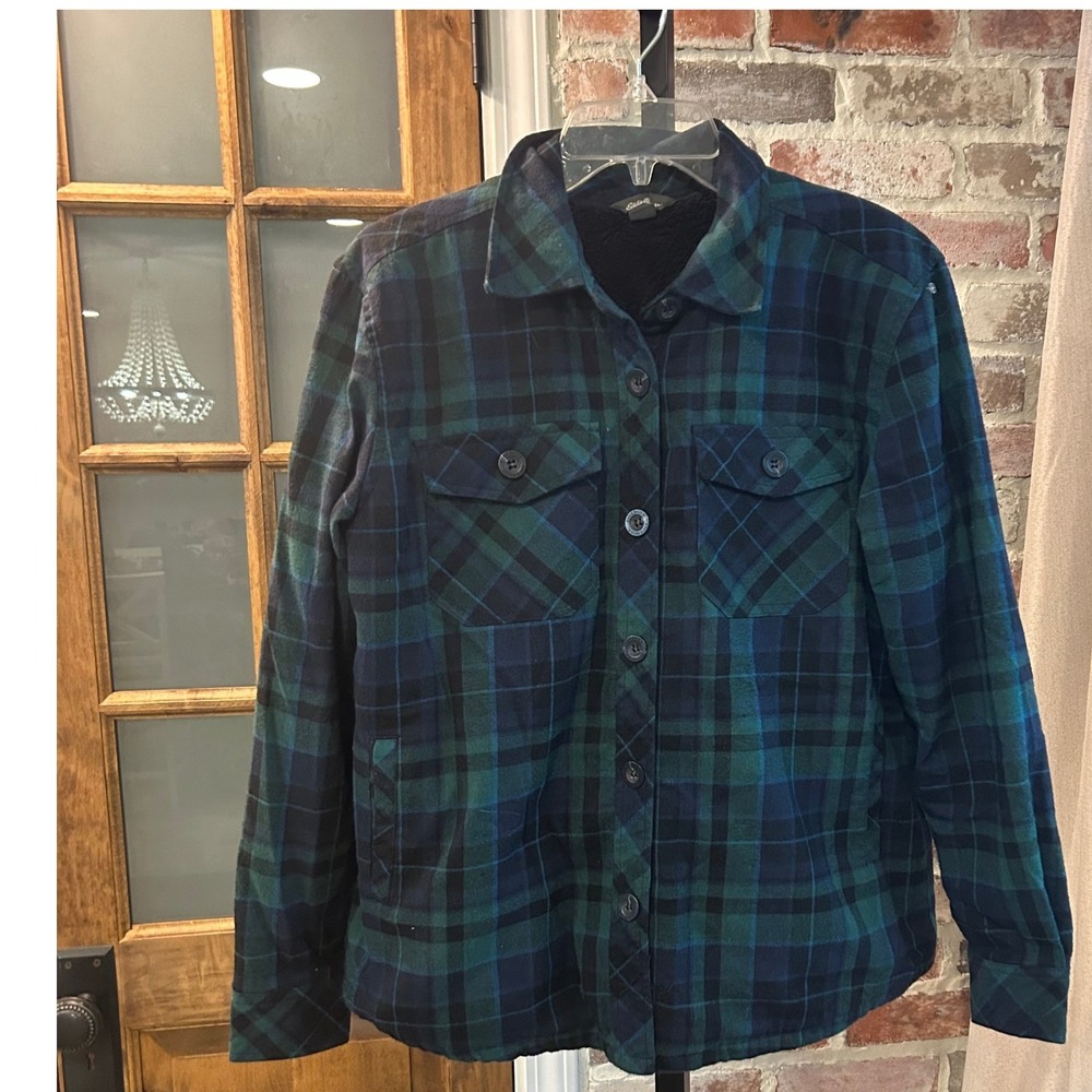 Eddie Bauer Lined Flannel Men Green Plaid Sherpa Fleece Shirt Jacket Cabin S